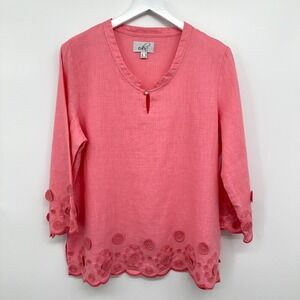 eden Womens‎ Top Shirt Size 14 M L Embroidered Linen Lagenlook Beachy Coastal